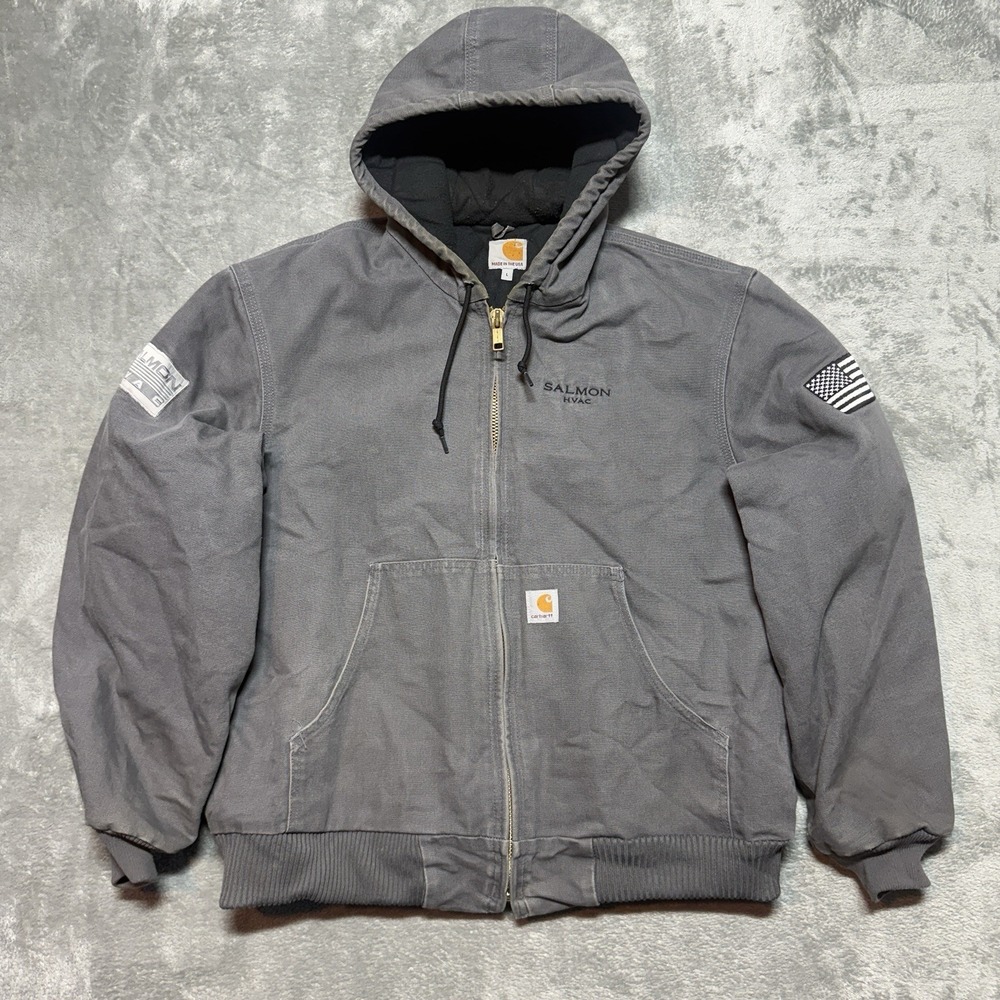 Vintage Carhartt Jacket Mens L Gray Hooded Workwear J140 GVL Canvas Company Logo
